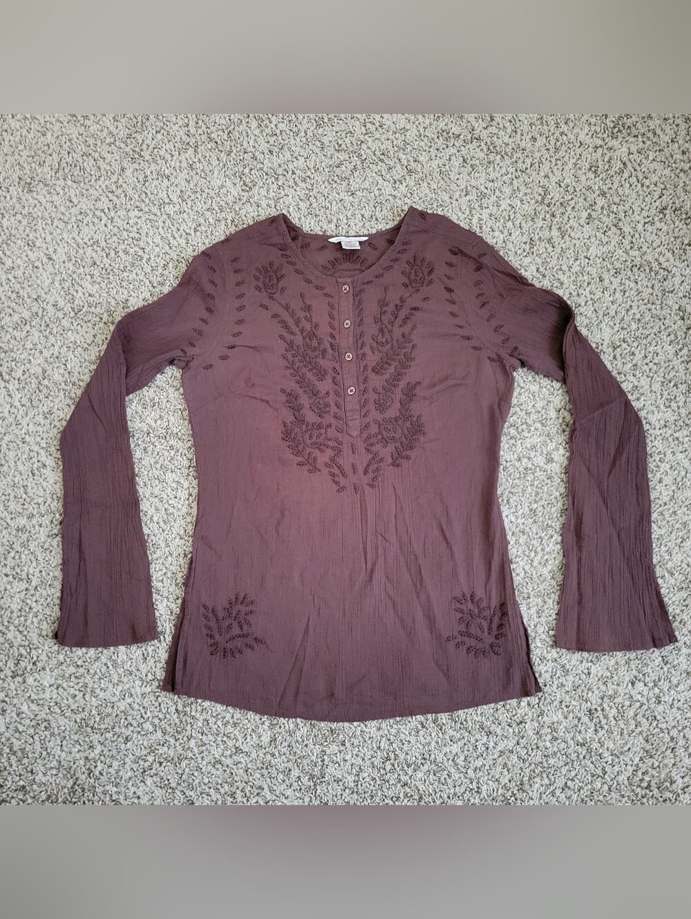 Vintage Abercrombie & Fitch Boho Shirt Top Blouse Brown Embroidered Tunic Medium